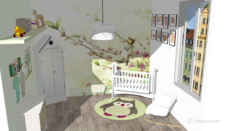 White Baby Crib in Cozy Nursery with Wall Mural Hanging Lamp and Owl Rug 3d model 