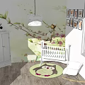 White Baby Crib in Cozy Nursery with Wall Mural Hanging Lamp and Owl Rug