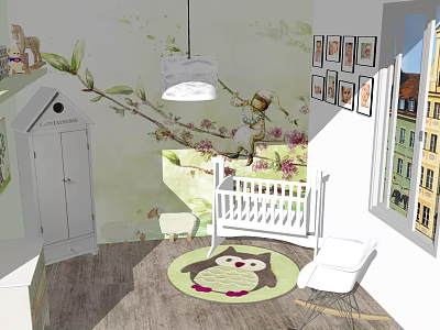 White Baby Crib in Cozy Nursery with Wall Mural Hanging Lamp and Owl Rug 3d model