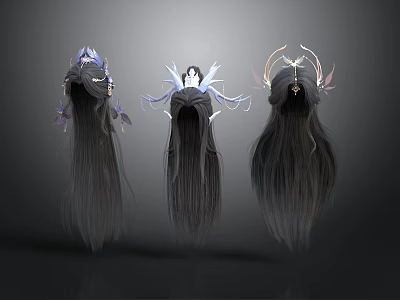 Three Stylish Decorative Hair Wigs With Angel Wings And Ornament Designs 3d model