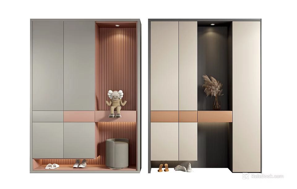Modern Two Tone Shoe Cabinet Design With Open Shelf Decorative Items And Bottom Storage 3d model 