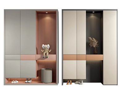 Modern Two Tone Shoe Cabinet Design With Open Shelf Decorative Items And Bottom Storage 3d model