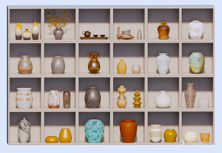 Ceramic Vessels Collection With Various Styles Colors And Shapes Displayed On Shelves 3d model 