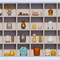 Ceramic Vessels Collection With Various Styles Colors And Shapes Displayed On Shelves