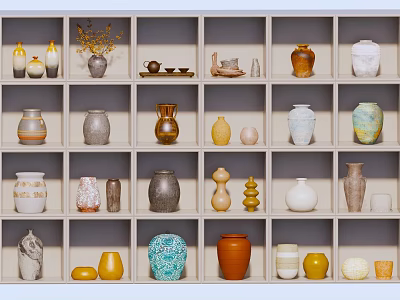 Ceramic Vessels Collection With Various Styles Colors And Shapes Displayed On Shelves 3d model
