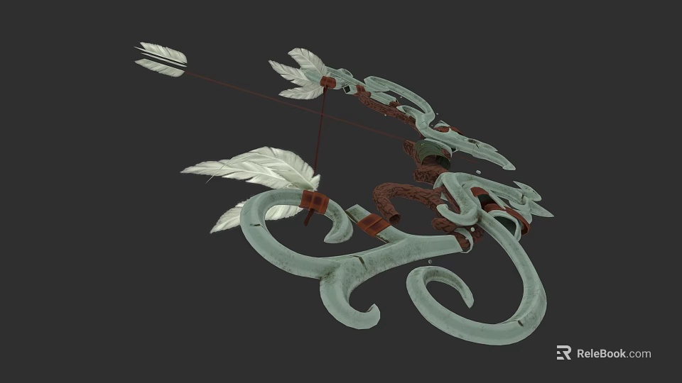 Ornate Mythical Bow Weapon with Carved Details Feathered Arrows and Intricate Design 3d model 
