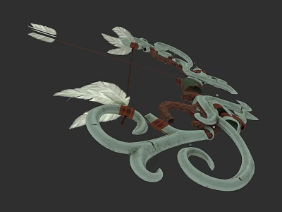 Ornate Mythical Bow Weapon with Carved Details Feathered Arrows and Intricate Design 3d model