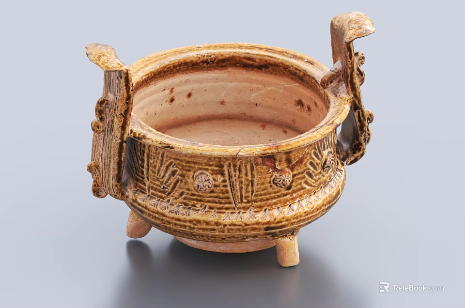Traditional Handcrafted Ceramic Vessel With Ornate Patterns Two Handles And Three Legs 3d model 