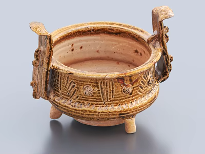Traditional Handcrafted Ceramic Vessel With Ornate Patterns Two Handles And Three Legs 3d model