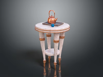 Elegant Round Side Table With White Gold Accents Tray Copper Teapot And Blue Cup 3d model