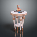 Elegant Round Side Table With White Gold Accents Tray Copper Teapot And Blue Cup