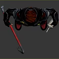 Futuristic Character With Red Helmet And Black Red Mechanical Armor Holding Weapons