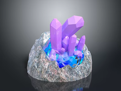 Shiny Purple Crystal Cluster On Silver Rock Base With Blue Glowing Accents 3d model