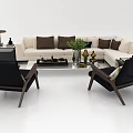 Modern Beige Sofa Coffee Table Combination With Black Armchairs And Decorative Items 3d model