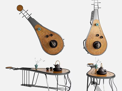 Lute Shaped Tea Table With Wooden Top Metal Frame Teapot Teacups And Small Plant 3d model