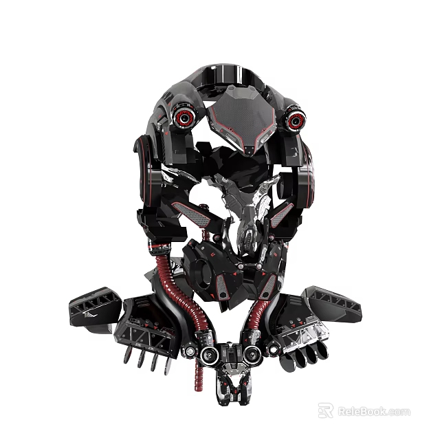 Futuristic Sci Fi Scene With Black And Red Mechanical Head And Intricate Mechanical Structure 3d model 