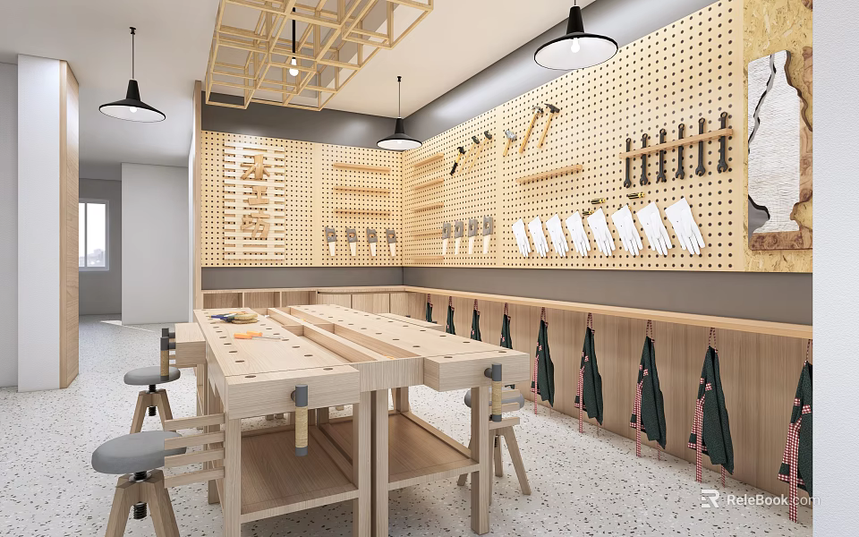 School Workshop With Wooden Workbenches Tool Pegboards And Aprons 3d model 
