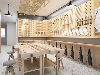 School Workshop With Wooden Workbenches Tool Pegboards And Aprons 3d model