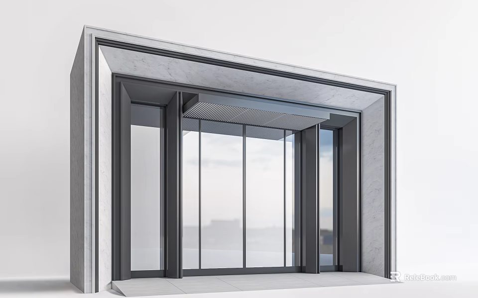 Modern Entrance Gate Design With Gray Frame And Large Glass Panels 3d model 