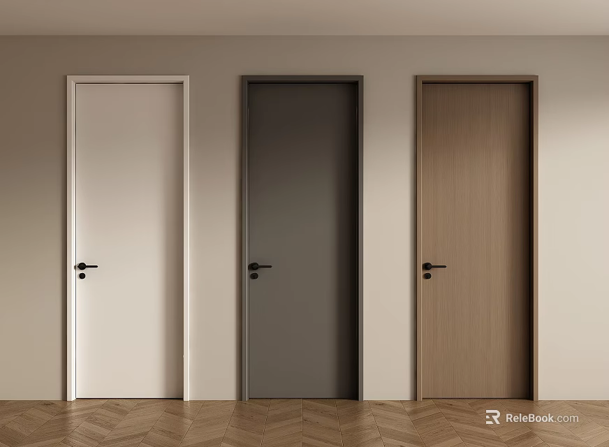 Modern Minimalist Hinged Doors White Dark Gray Wooden with Light Wall Herringbone Floor 3d model 