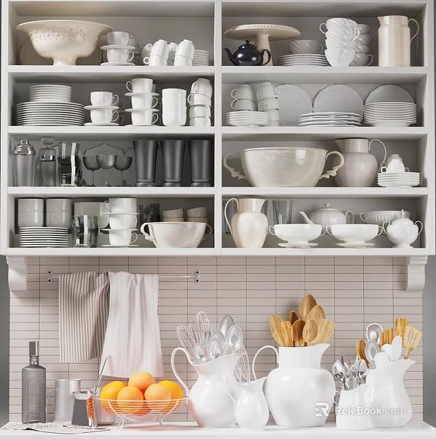 Organized Shelves With Stylish White Ceramic Kitchenware Plates Cups Pitchers And Cooking Utensils 3d model 