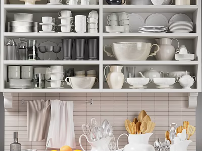 Organized Shelves With Stylish White Ceramic Kitchenware Plates Cups Pitchers And Cooking Utensils 3d model
