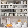 Organized Shelves With Stylish White Ceramic Kitchenware Plates Cups Pitchers And Cooking Utensils