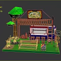Cartoon Outdoor Food Stall Setup With Wooden Canopy Food Truck Bench Tree And Grill