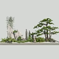 Garden Ornament With Stone Rocks Bamboo Pine Tree Small Statues Green Plants And White Pebbles
