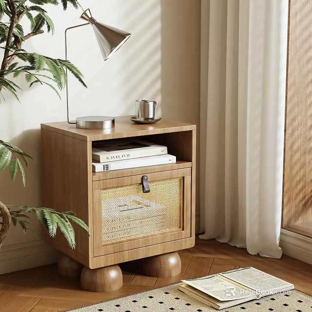 Wooden Bedside Table with Books Metal Cup Round Tray Plant And Curtains On Wooden Floor 3d model 