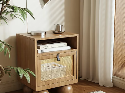 Wooden Bedside Table with Books Metal Cup Round Tray Plant And Curtains On Wooden Floor 3d model
