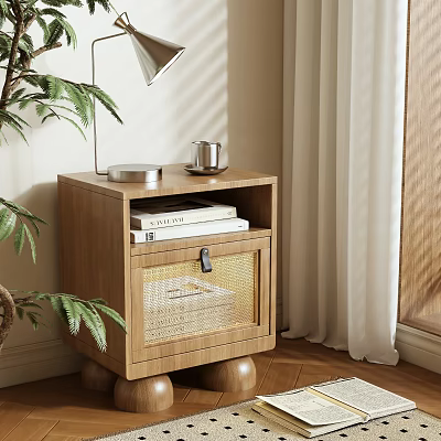 Wooden Bedside Table with Books Metal Cup Round Tray Plant And Curtains On Wooden Floor 3d model