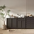 Black Entryway Cabinet and Sideboard with Decorative Items Green Plant on Wooden Floor