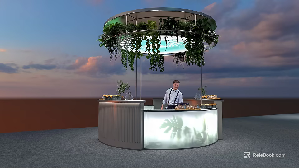 Modern Round Bar Counter With Hanging Green Plants Bartender And Sunset Sky 3d model 
