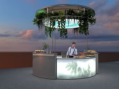 Modern Round Bar Counter With Hanging Green Plants Bartender And Sunset Sky 3d model