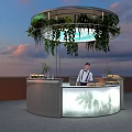 Modern Round Bar Counter With Hanging Green Plants Bartender And Sunset Sky
