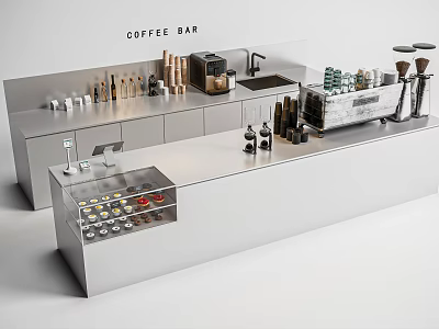 Modern Coffee Bar Design With Stainless Steel Counter Coffee Machine And Display Case 3d model
