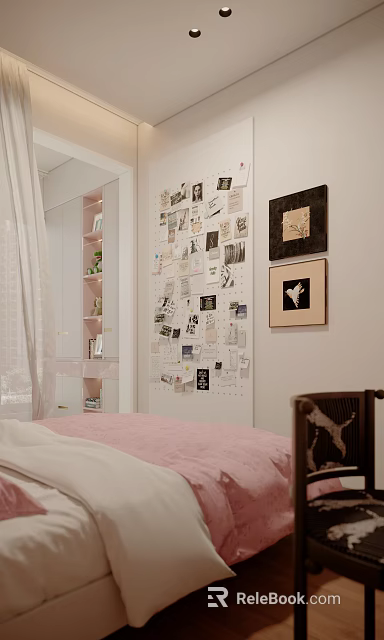Creative Wall Decor With Collage of Photos Papers and Framed Artworks on Bedroom Wall 3d model 
