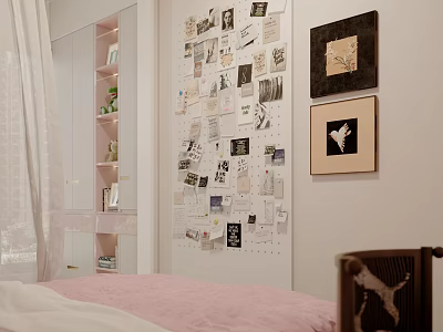 Creative Wall Decor With Collage of Photos Papers and Framed Artworks on Bedroom Wall 3d model