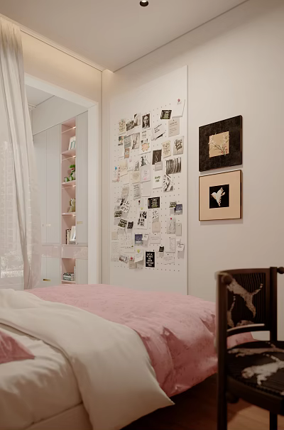 Creative Wall Decor With Collage of Photos Papers and Framed Artworks on Bedroom Wall 3d model