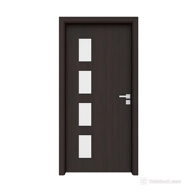 Dark Brown Hinged Door With Four Rectangular Glass Panels And Silver Handle 3d model