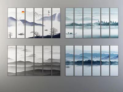 Chinese Landscape Painting Multi Panel Wall Art With Mountains Water Sun Boats And Birds 3d model