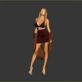 Confident Woman In Maroon Top And Skirt With Sunglasses Standing Against Gray Background