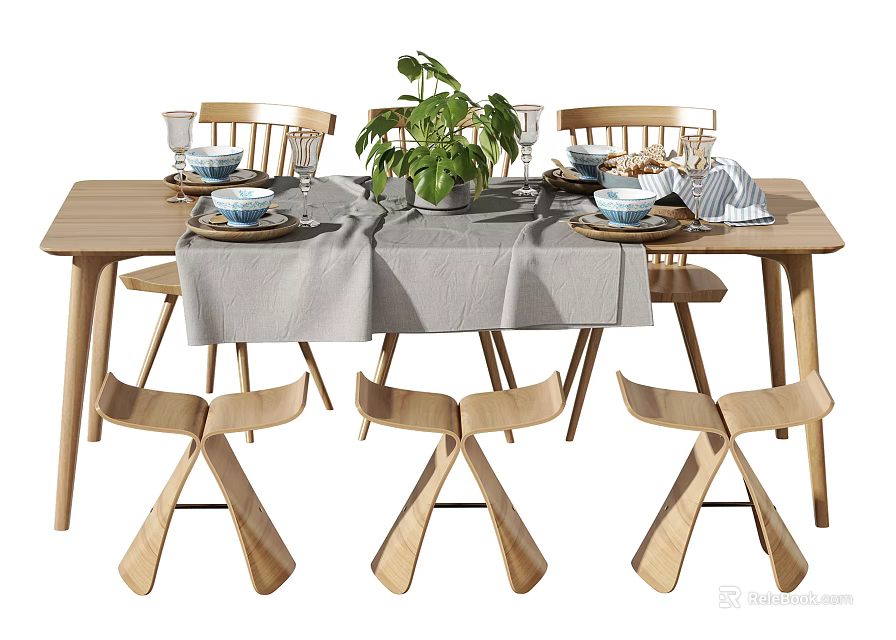 Wooden Dining Table Set With Gray Tablecloth Green Plant Wooden Chairs Tableware And Glasses 3d model 
