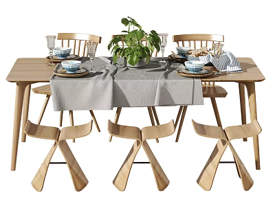 Wooden Dining Table Set With Gray Tablecloth Green Plant Wooden Chairs Tableware And Glasses 3d model