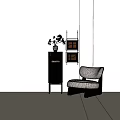 Elegant Dark Wooden Chest Of Drawers With Ribbed Front Framed Artworks And White Chair