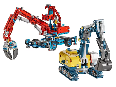 Building Blocks Construction Vehicles Models With Crane Excavator Mechanical Arms Tracks And Colorful Parts 3d model