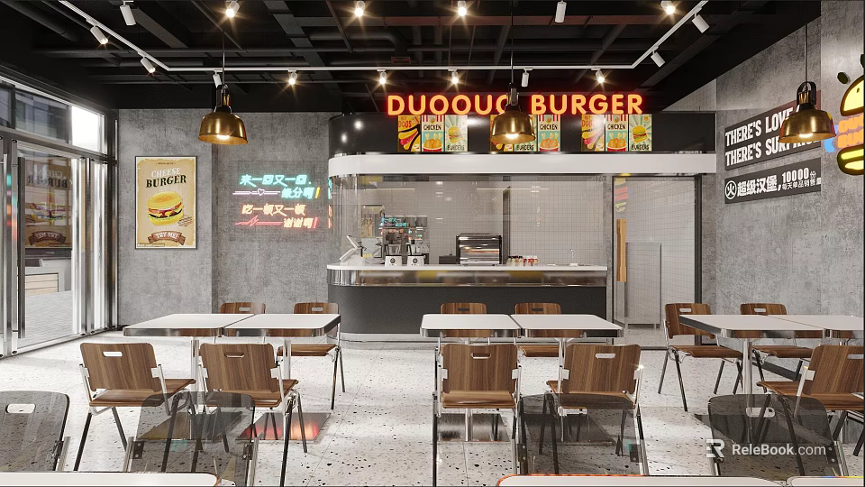 Modern Dessert Shop Interior With Tables Chairs And Lighting 3d model 