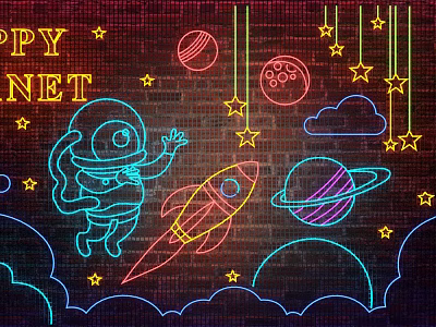 Colorful Neon Decorative Lights With Astronaut Rocket Planets Stars And Clouds On Brick Wall 3d model