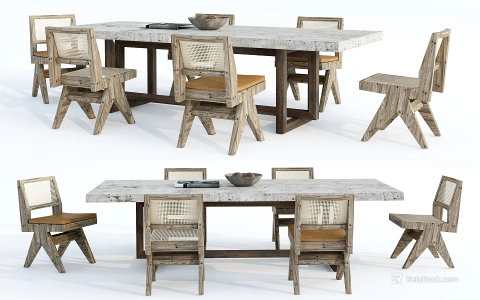 Modern Dining Table Set With Marble Top And Woven Back Wooden Chairs 3d model 